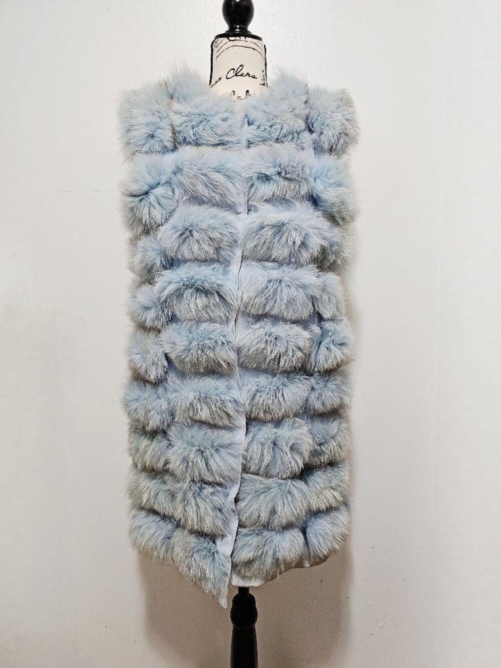 NewReal Paneled Silver Fox Fur Block Gilet Vest Dusky Baby Sky Blue Grey NoMink